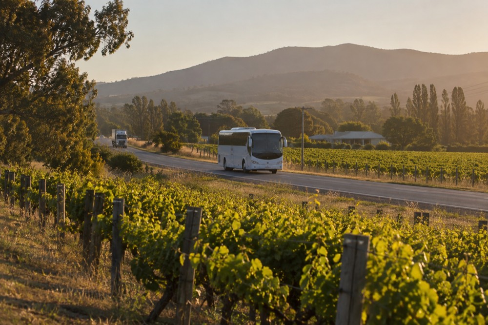 A coach travelling along a valley road with vineyards on both sides in late afternoon light