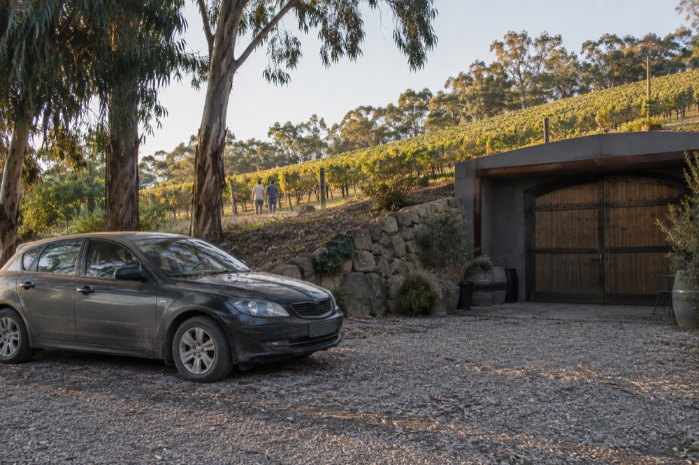 A car parked beside a cellar door building with vineyard rows behind it