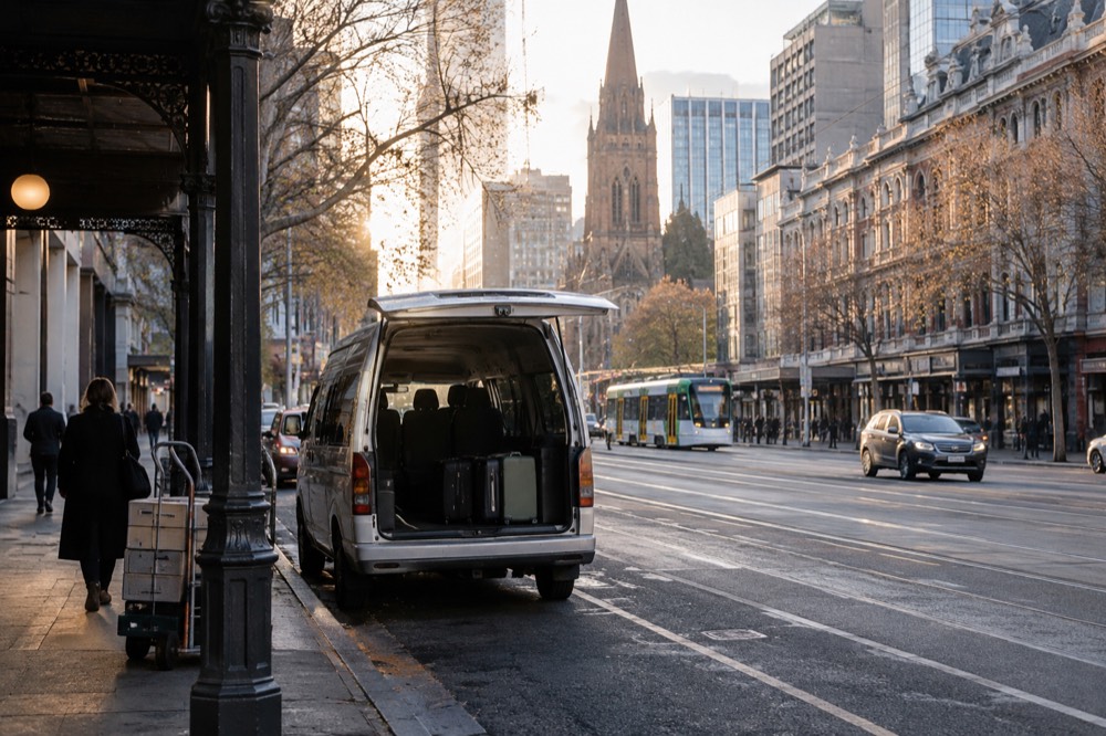 A city street corner in central Melbourne with a tour van waiting at the kerb in early morning light