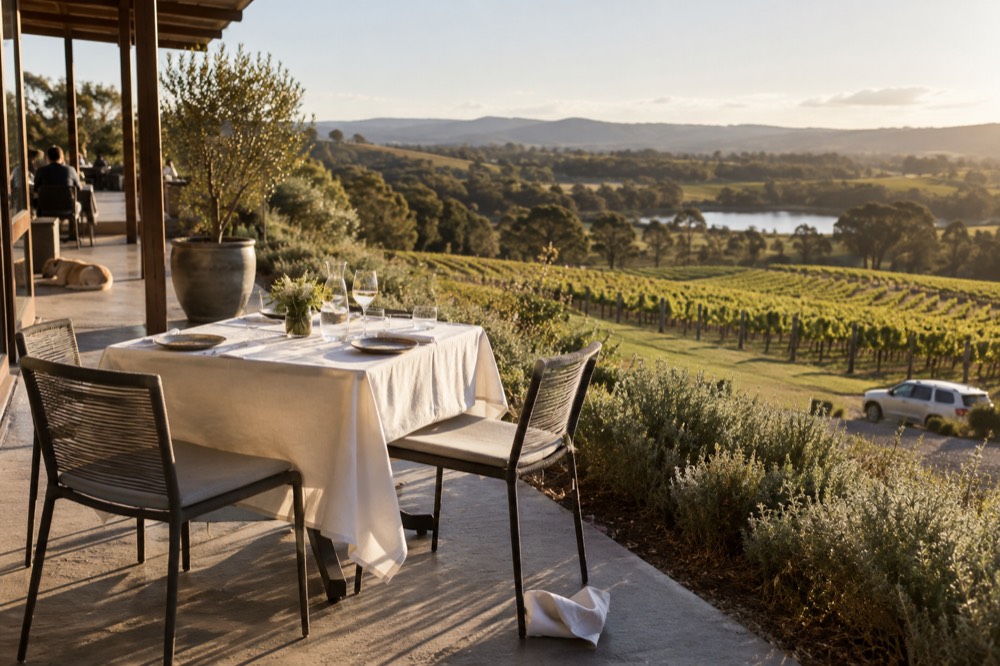 A table set for lunch overlooking vine rows at a winery restaurant