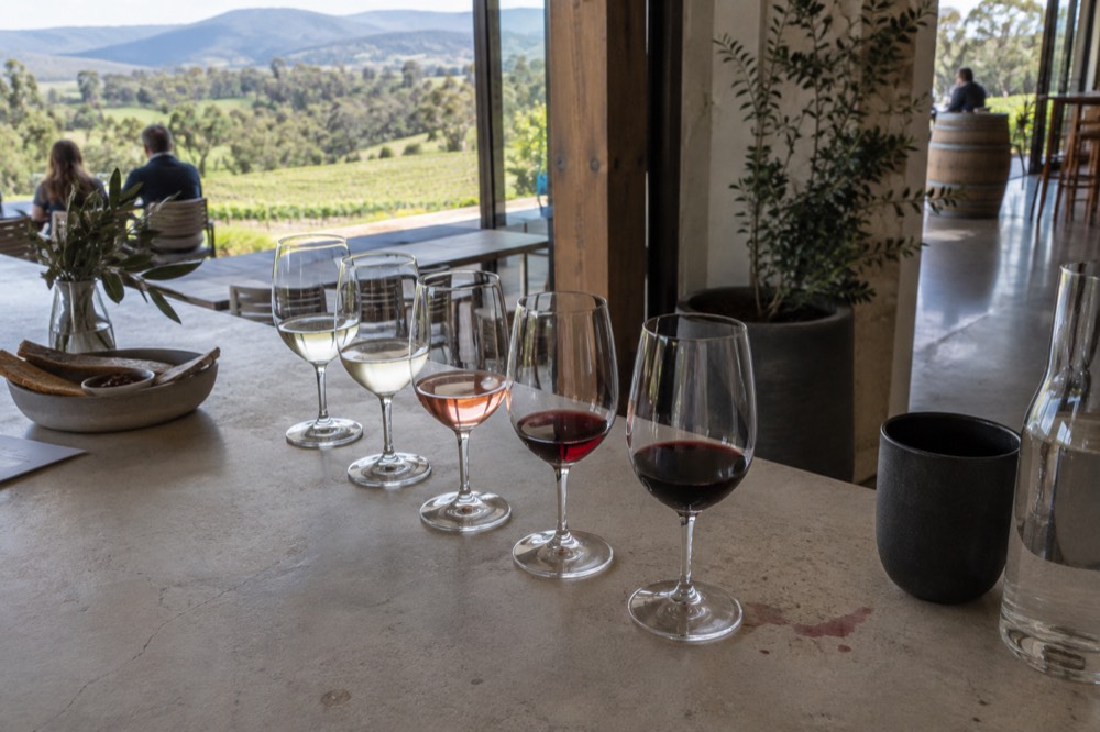 A tasting flight of wines arranged on a cellar door counter