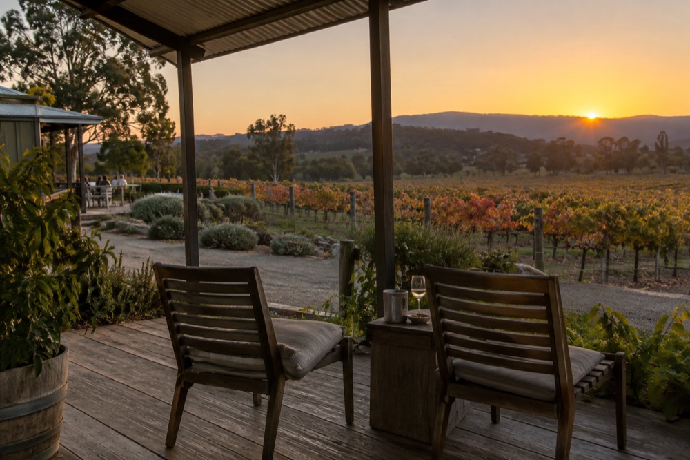 A quiet cellar door veranda with two chairs facing vine rows at sunset