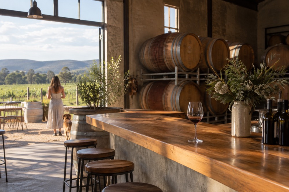 Cellar door building with barrels and a tasting bar lit by afternoon light