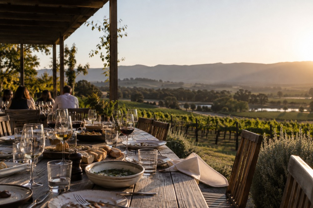 A long table set for lunch on a winery terrace overlooking vines