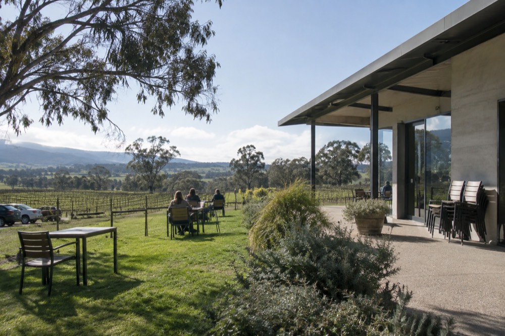 Modern cellar door building with outdoor tables and lawns beside vine rows