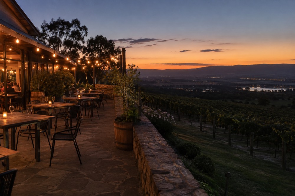 Vineyard restaurant at dusk with warm lights over outdoor tables and vines behind