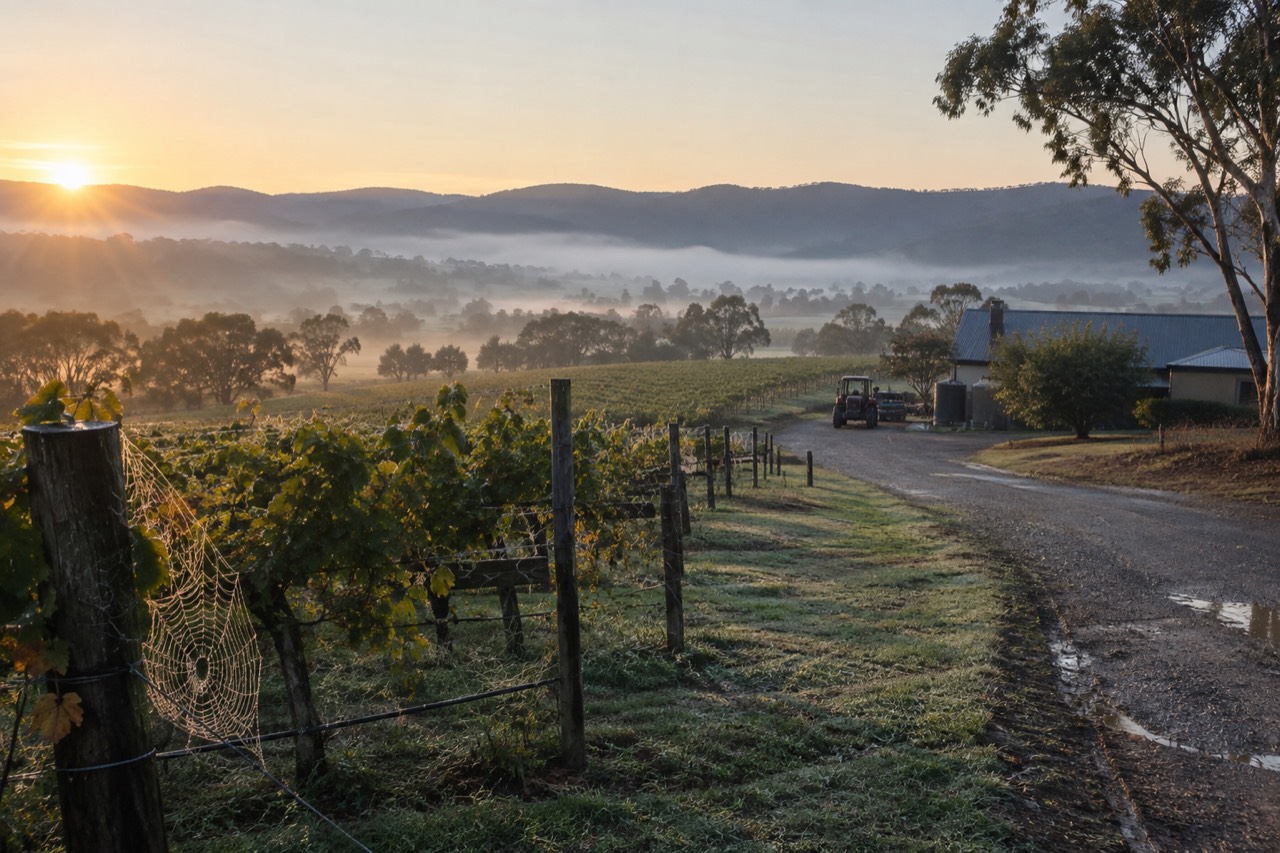 Dawn mist over vineyard rows and a slate-roofed winery shed in the Yarra Valley